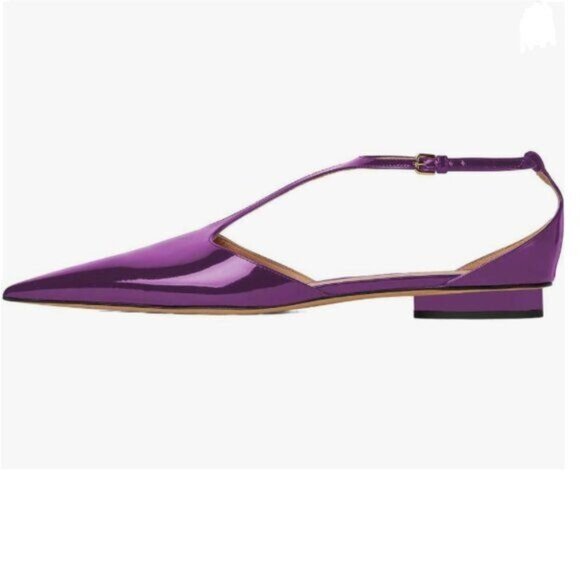 XYD Eggplant Pointed Toe Sleek Low Heel Chunky Slender T-Strap with Buckle Shoes - Picture 1 of 8